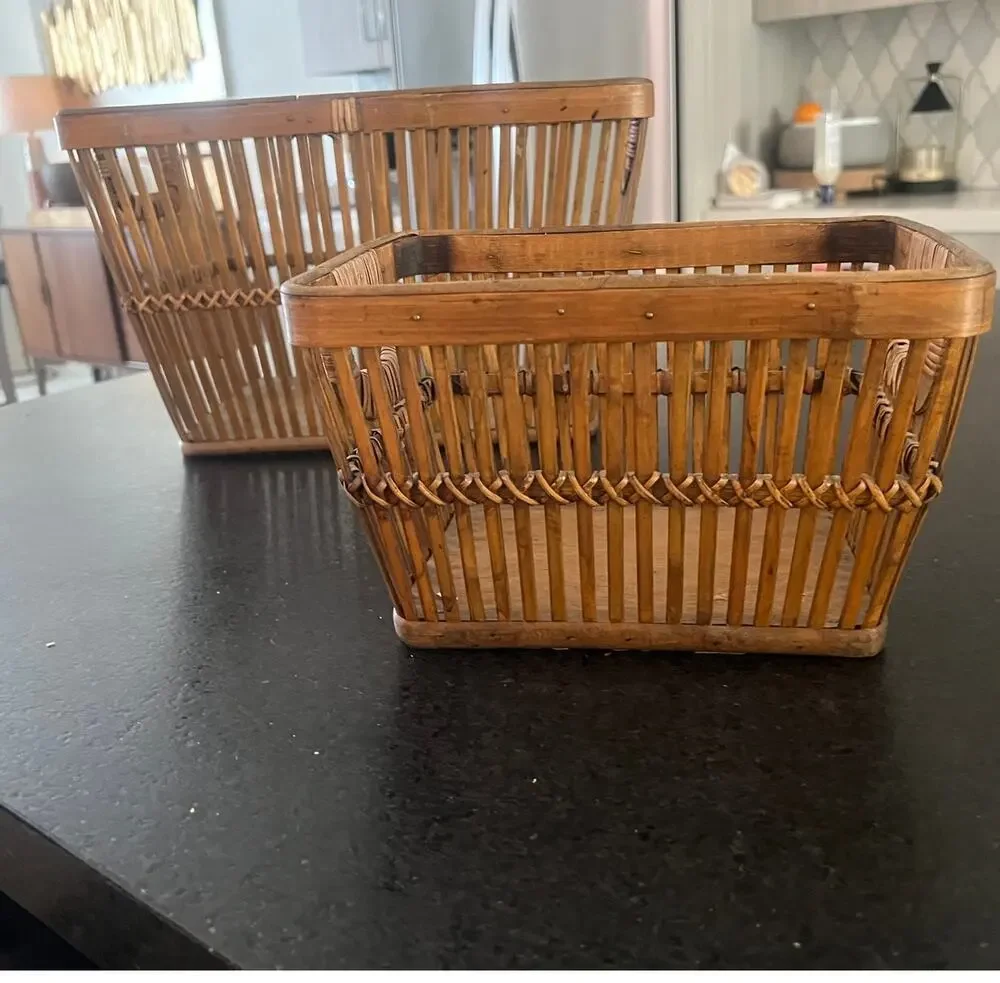 Se of 2 MCM Rustic Mid-20th Century bamboo basket bin rectangular woven slated